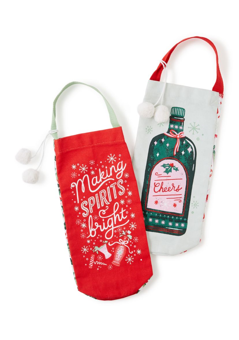 Set of 2 Holly Cheers Wine Tote