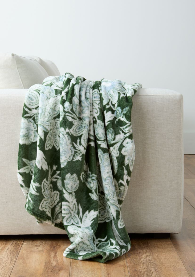 Blue Green Floral Plush Throw Blanket