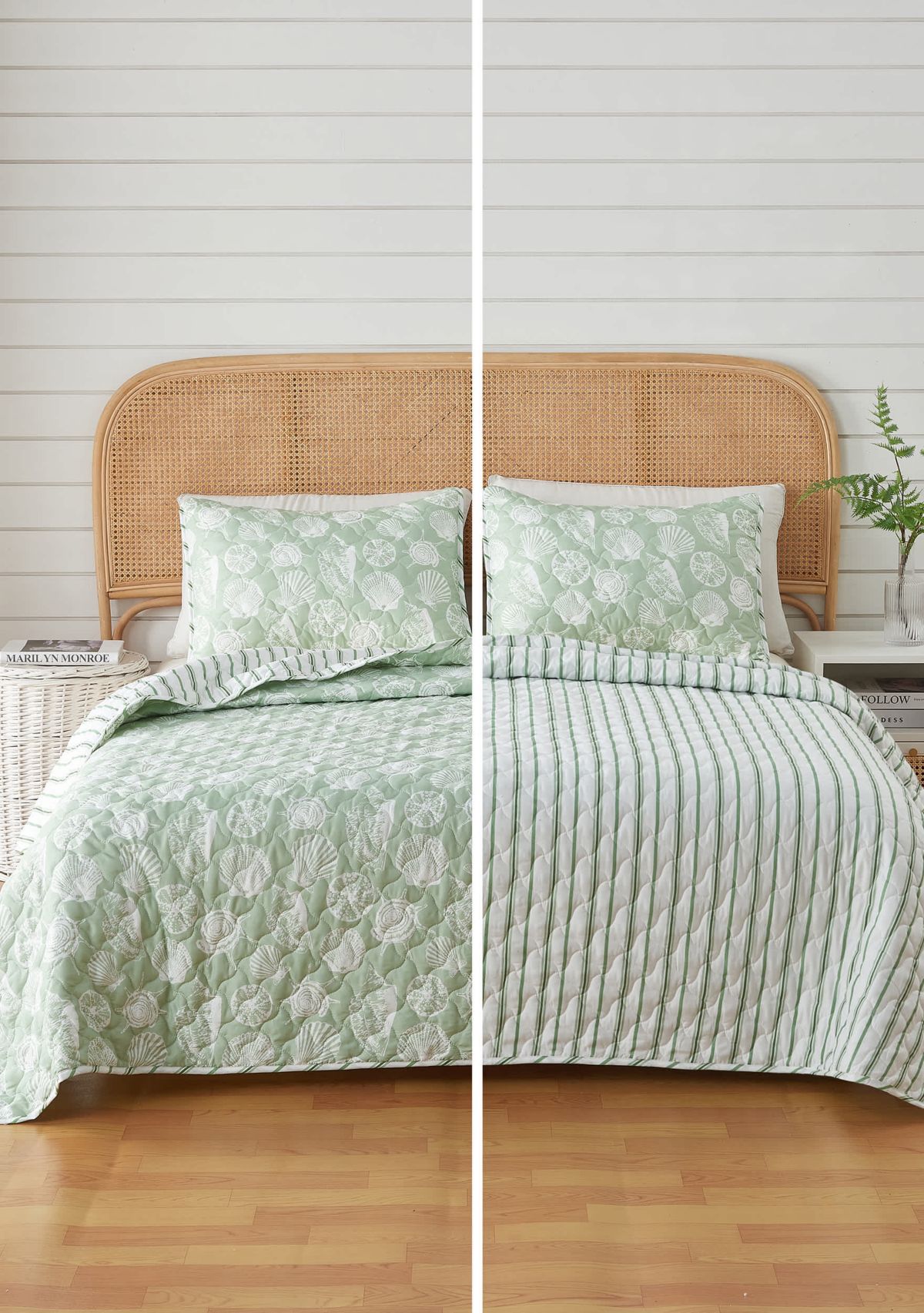 Green Seashell Coastal Quilt Set