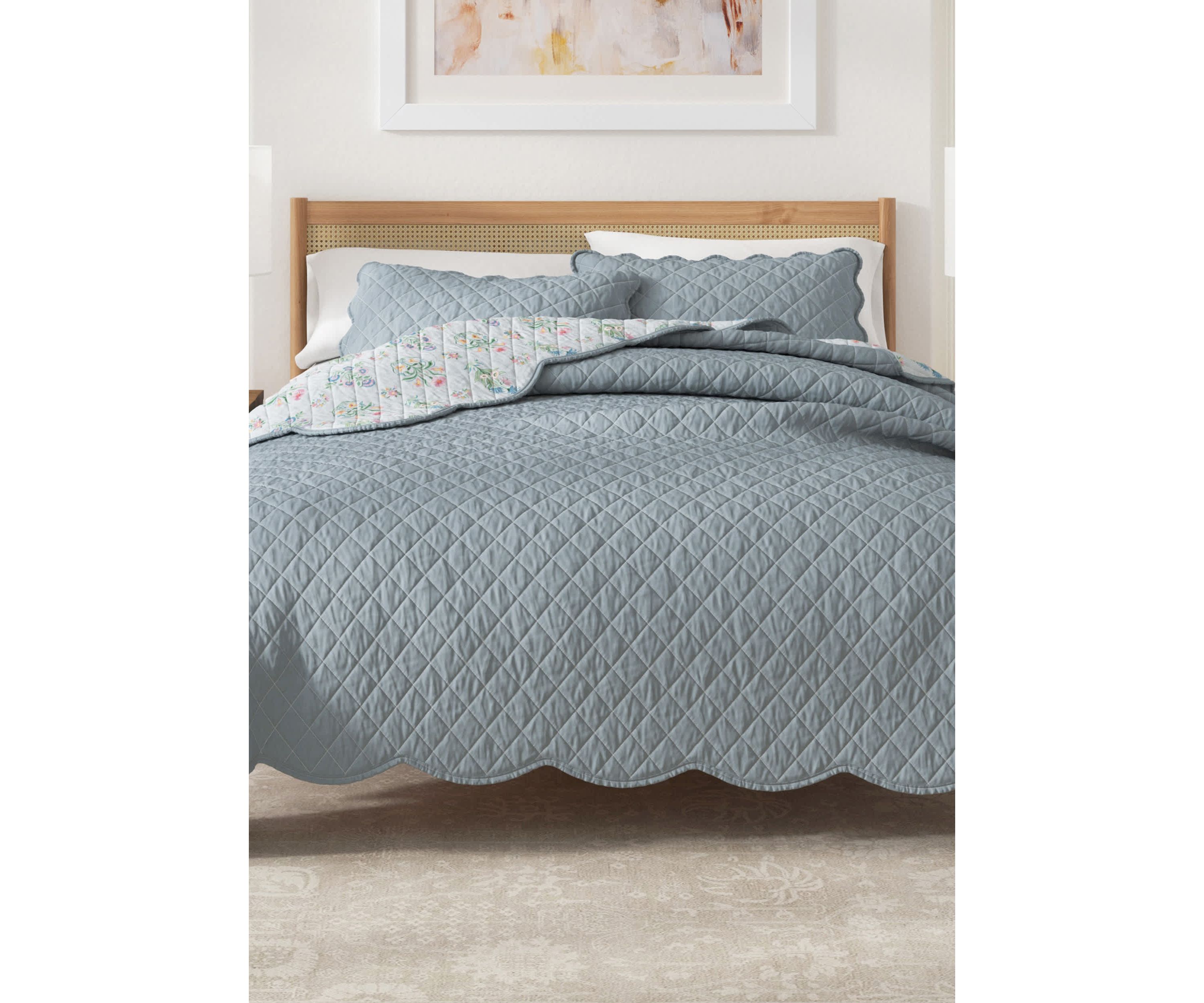 Blue Floral Scalloped Quilt Set