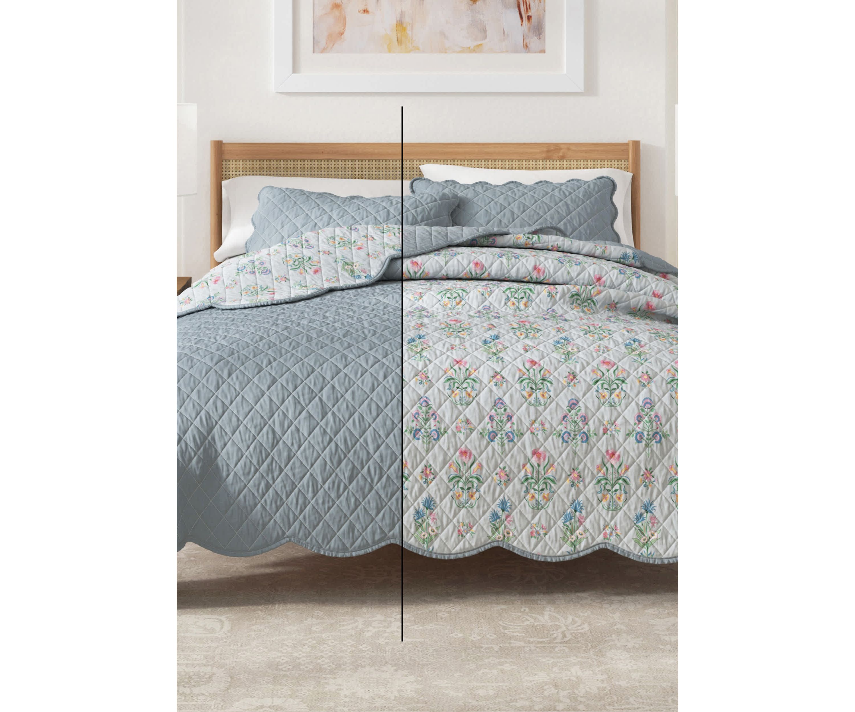 Blue Floral Scalloped Quilt Set