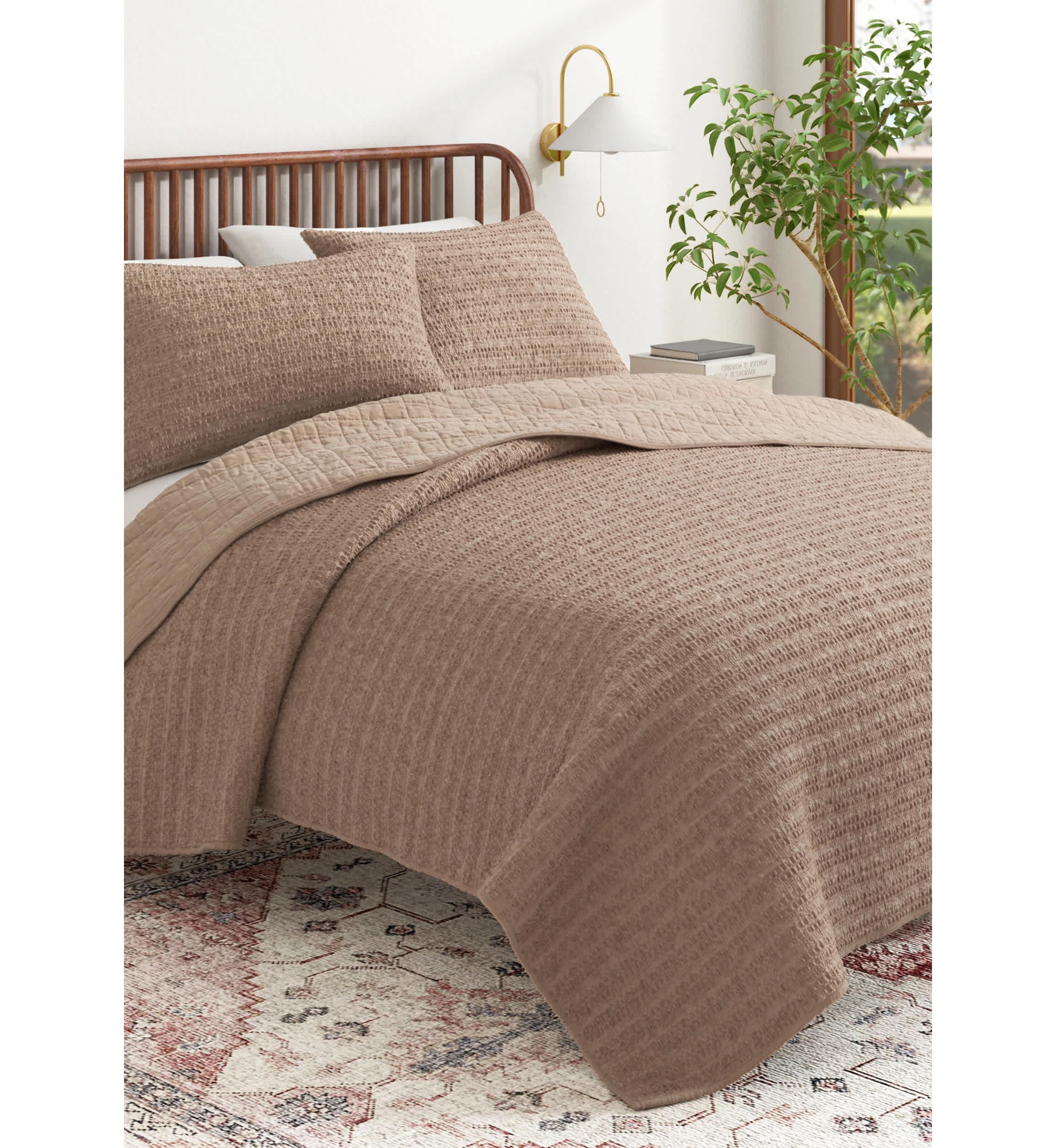 100% Cotton Honeycomb Waffle Garment Washed Quilt Set