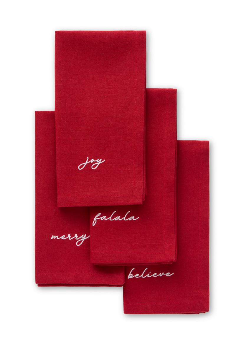 "Joy" Embroidered Red Napkins Set of 4