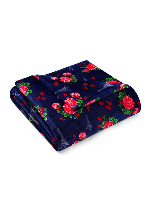 Betsey Johnson French Floral Navy Blue Plush Blanket