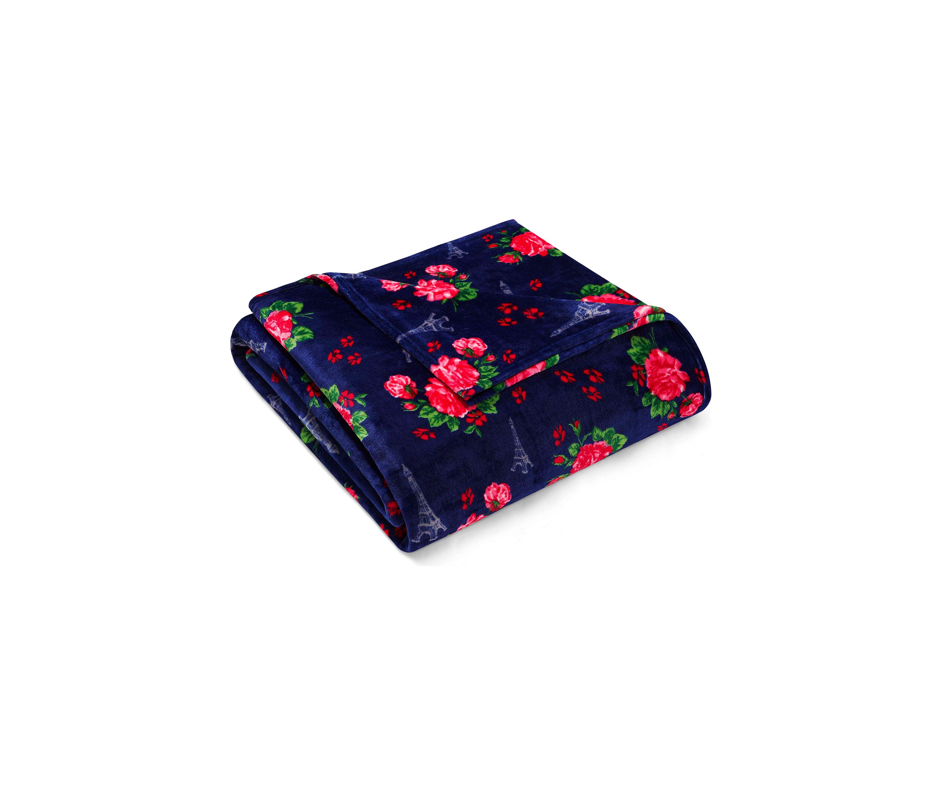 French Floral Navy Blue Plush Blanket