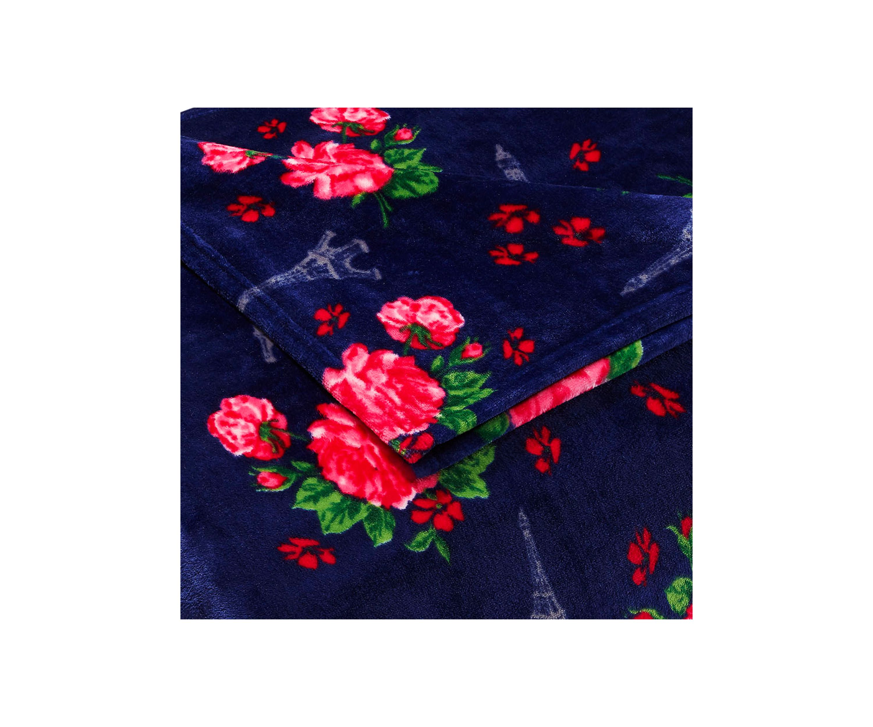 French Floral Navy Blue Plush Blanket