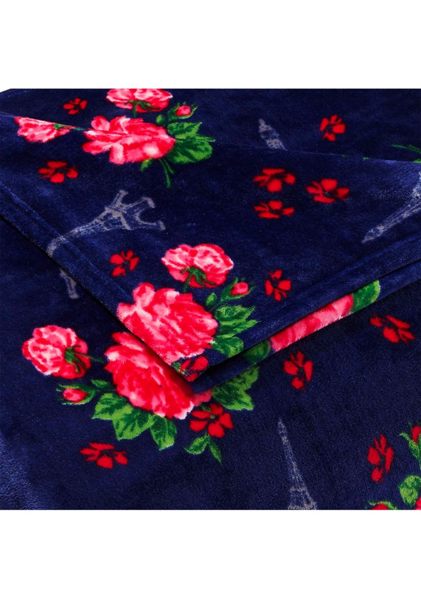French Floral Navy Blue Plush Blanket