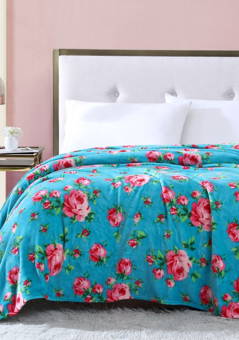 Bouquet Day Turquoise Plush Blanket