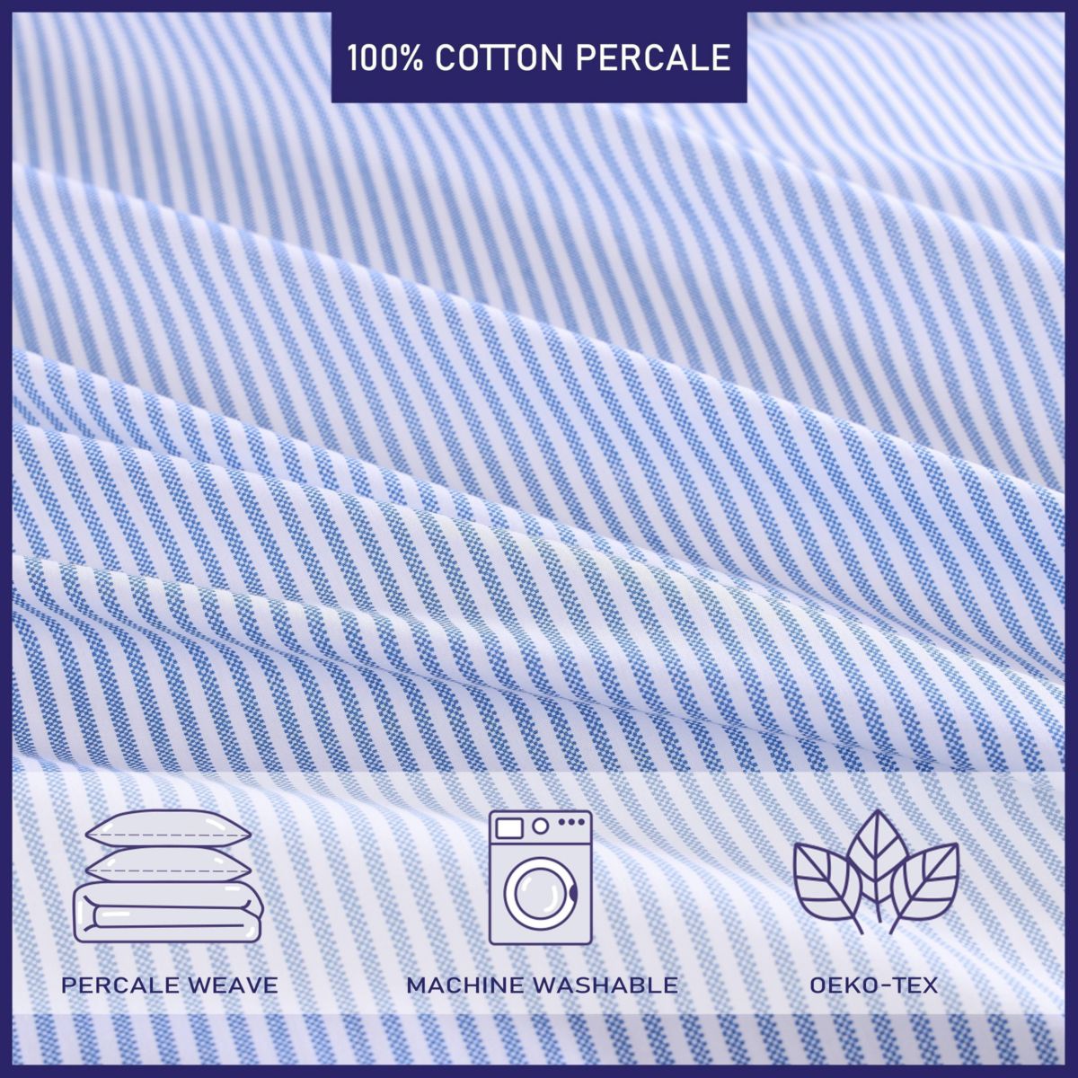 Oxford Stripe 100% Cotton Percale 3 Piece Duvet Cover Set