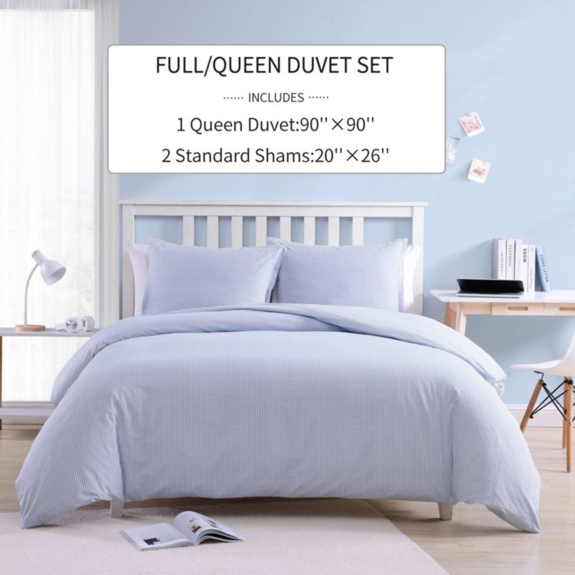 Oxford Stripe 100% Cotton Percale 3 Piece Duvet Cover Set