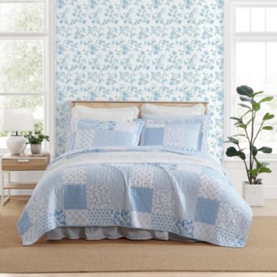 Laura Ashley Colleens Coastal Patchwork 100% Cotton Quilt-Sham Set, Blue, King