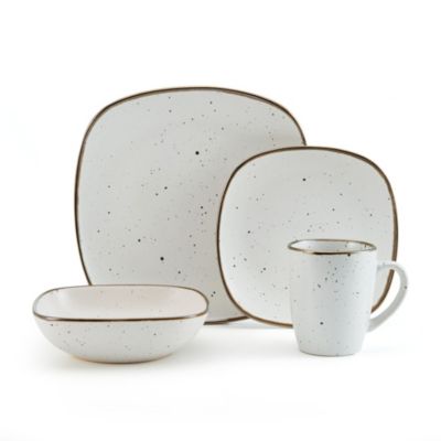 Pfaltzgraff Decker Square – Set Di Stoviglie In Gres 16 Pezzi – Bianco Maculato Con Cerchi Metallici
