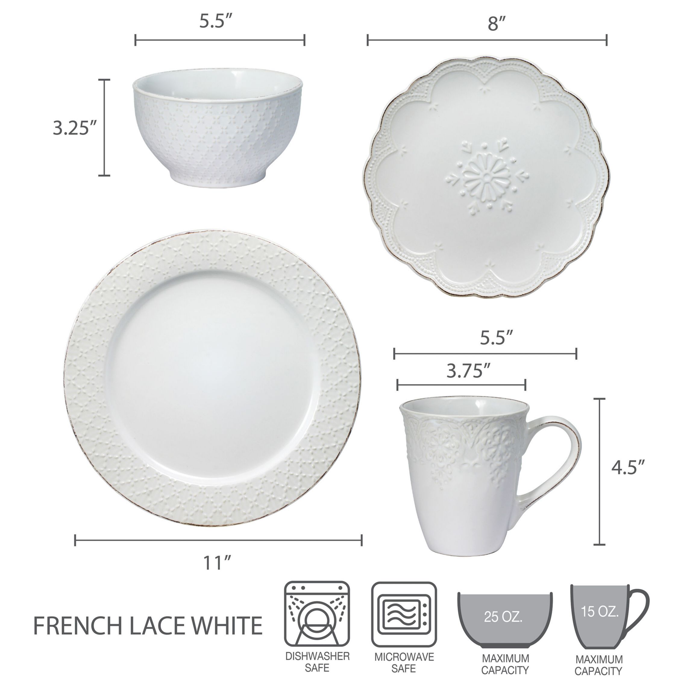 French Lace Dinnerware Set, 16 Piece, White
