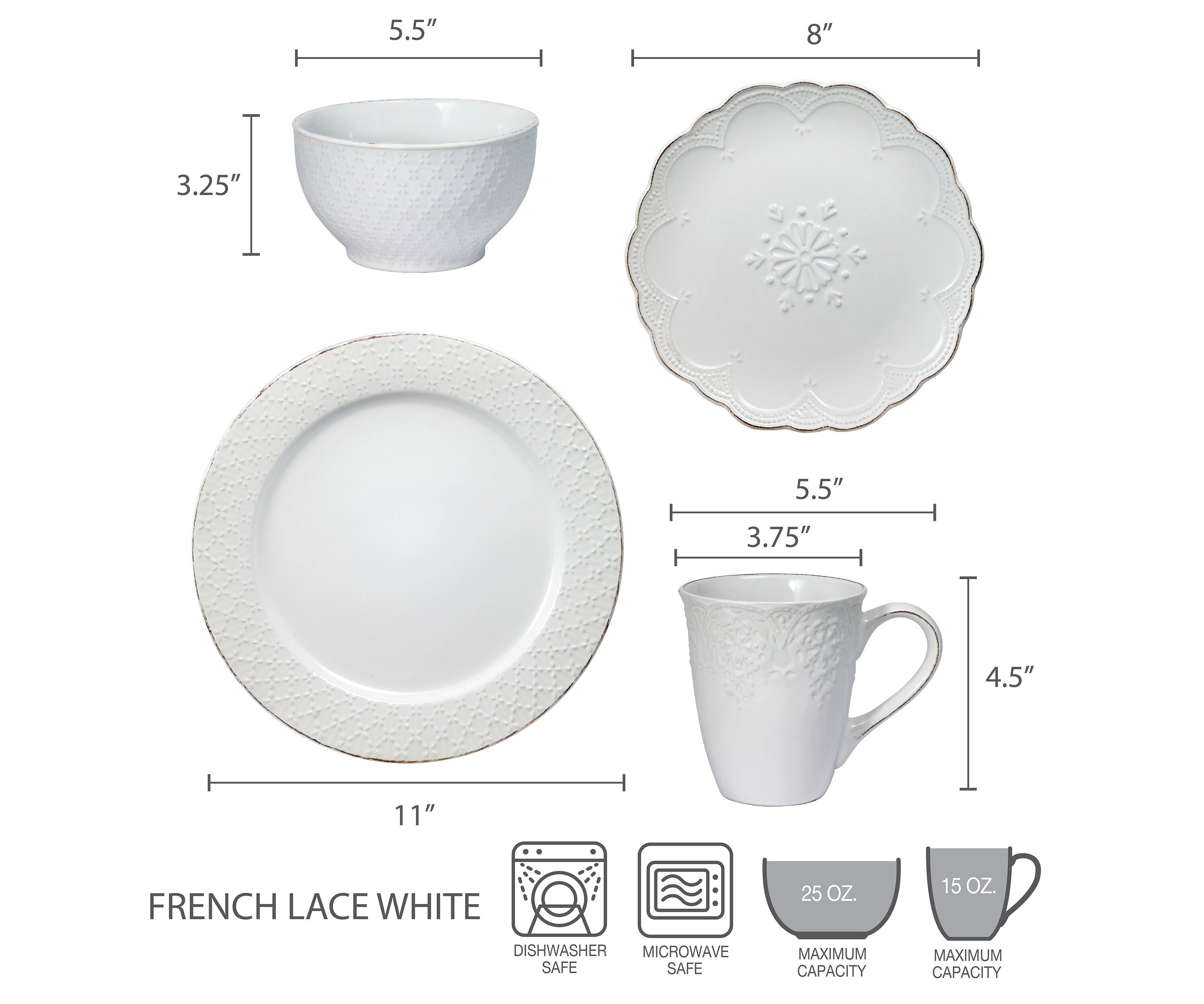 French Lace Dinnerware Set, 16 Piece, White