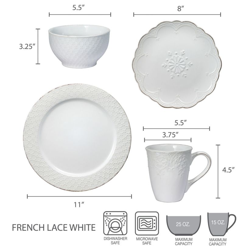 French Lace Dinnerware Set, 16 Piece, White