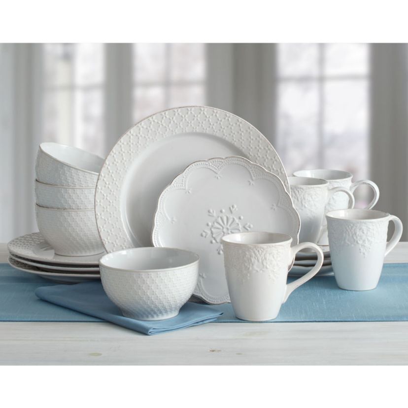 French Lace Dinnerware Set, 16 Piece, White