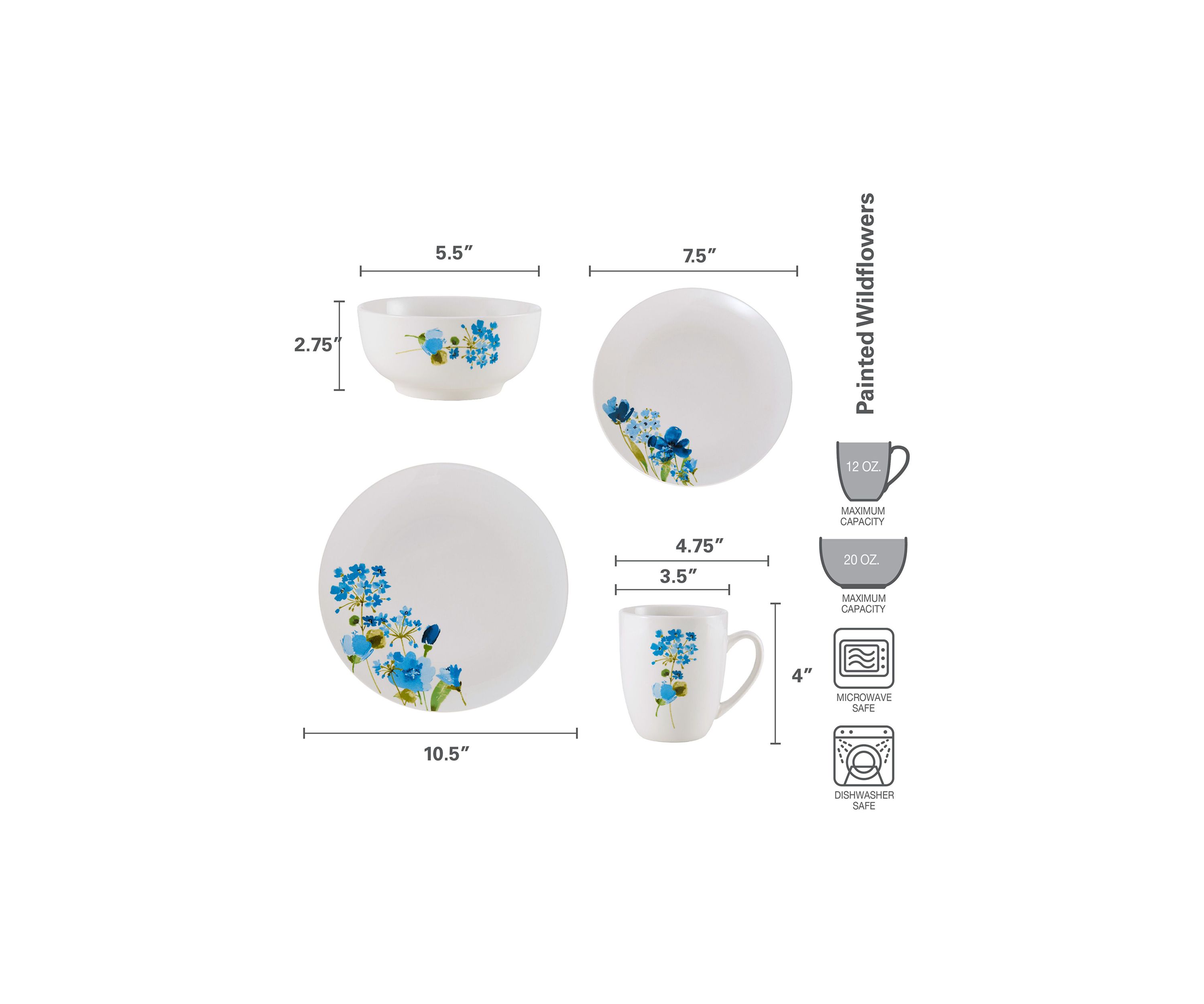 Painted Wildflowers 16 Piece Dinnerware Set, Service For 4