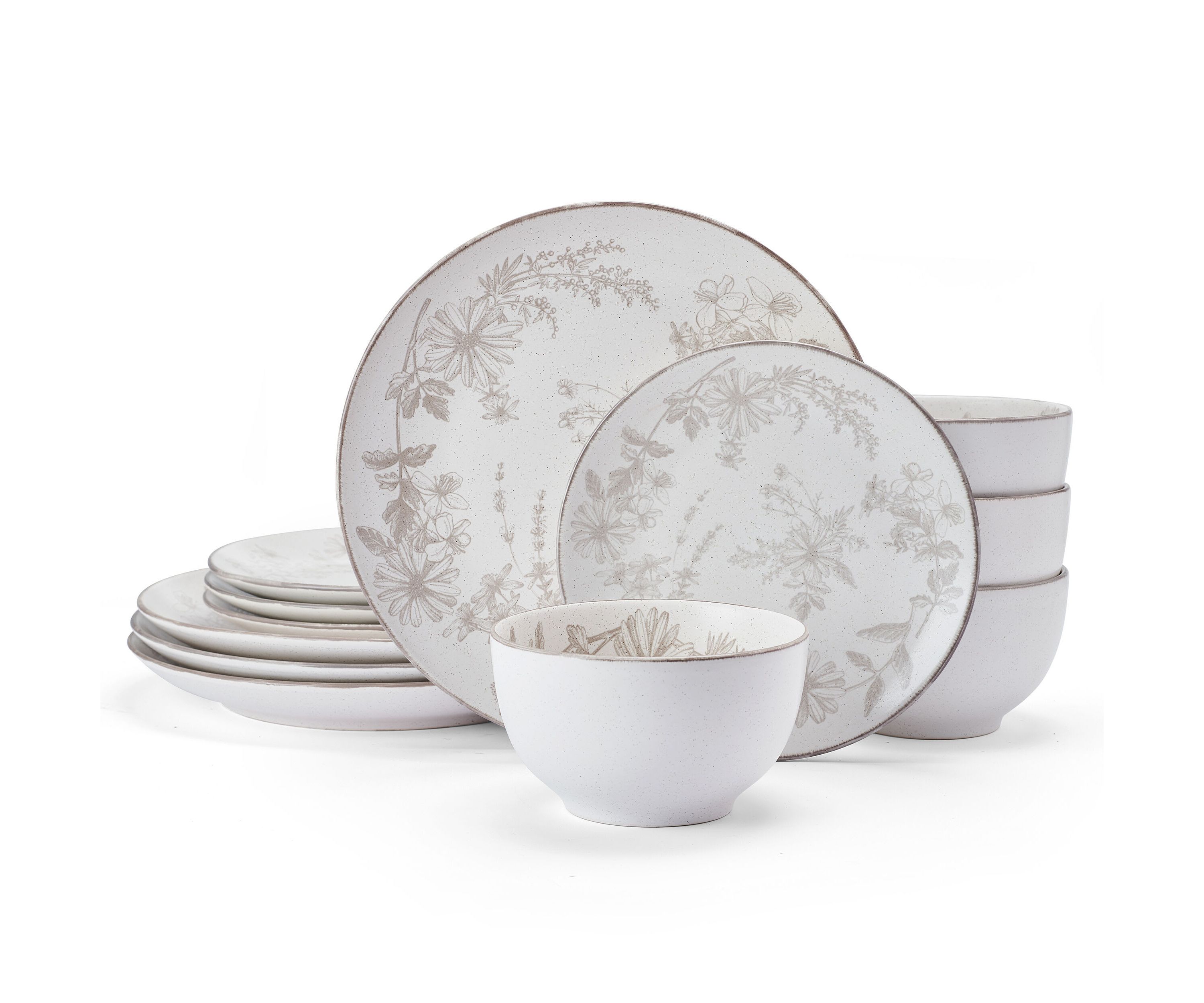 Enchanted Bloom Floral Grey 12 Piece Dinnerware Plate Bowl Set, Service for 4