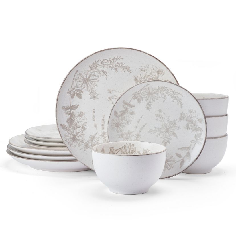 Enchanted Bloom Floral Grey 12 Piece Dinnerware Plate Bowl Set, Service for 4
