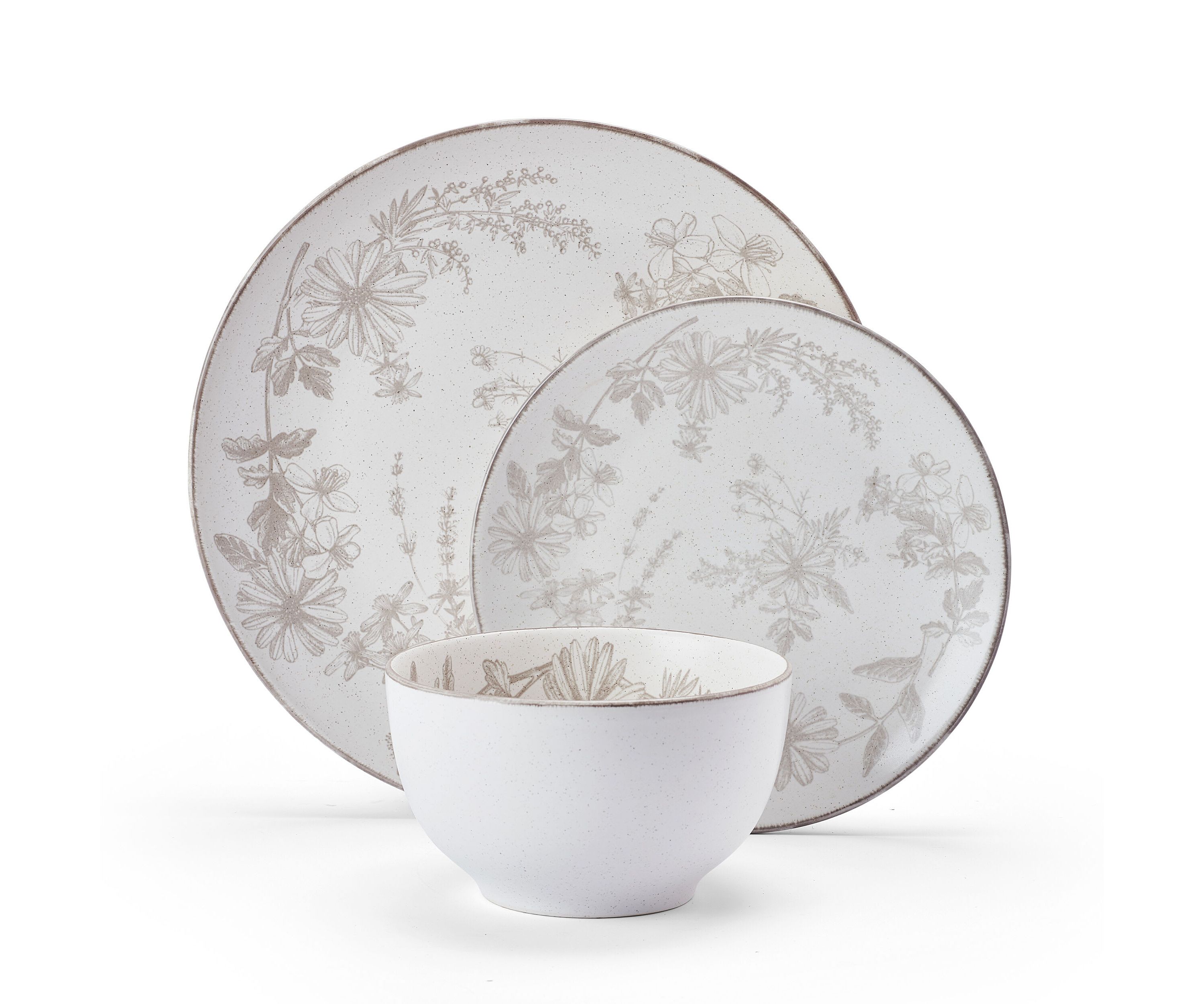 Enchanted Bloom Floral Grey 12 Piece Dinnerware Plate Bowl Set, Service for 4