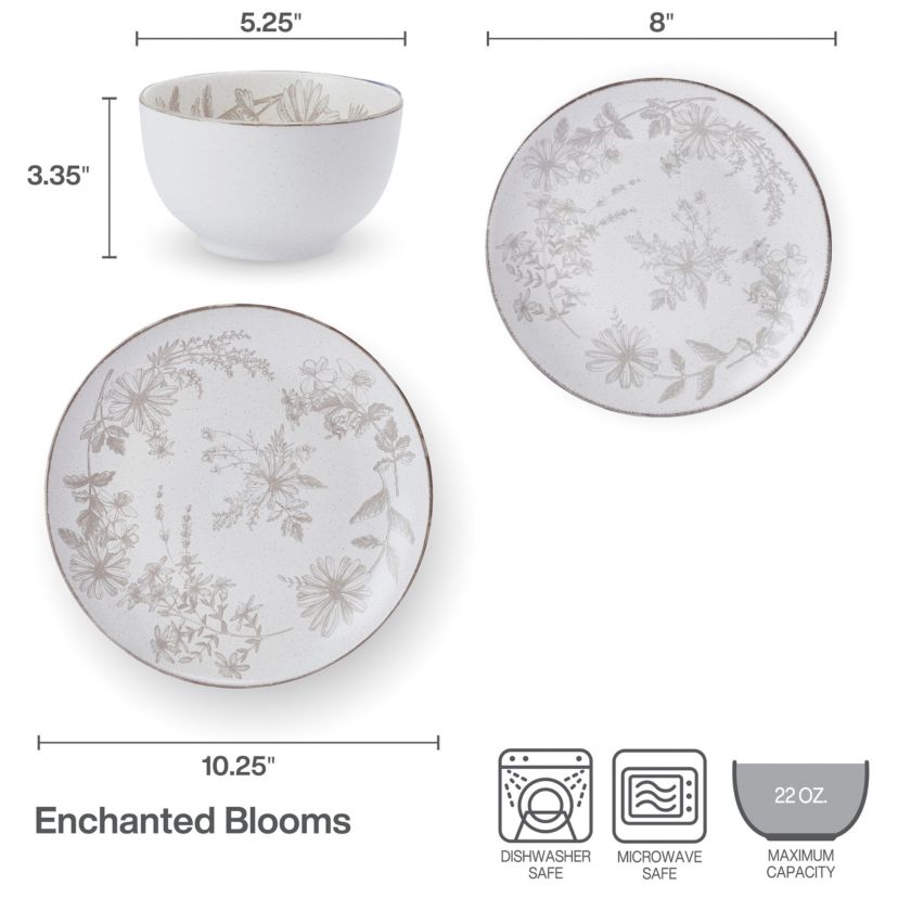 Enchanted Bloom Floral Grey 12 Piece Dinnerware Plate Bowl Set, Service for 4