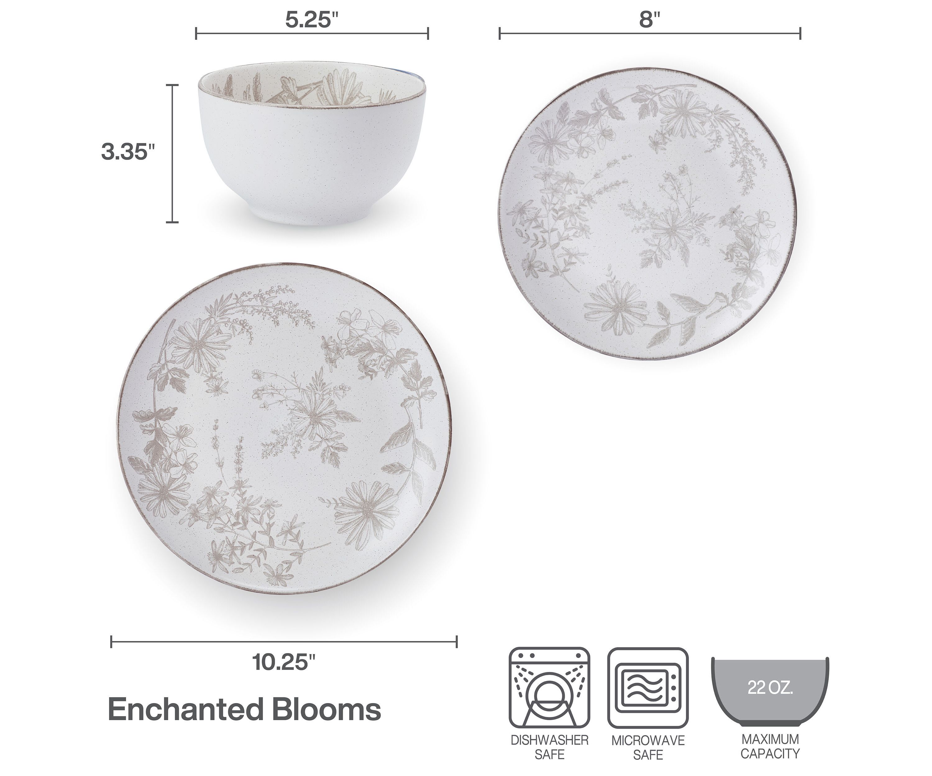 Enchanted Bloom Floral Grey 12 Piece Dinnerware Plate Bowl Set, Service for 4