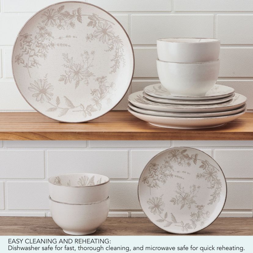 Enchanted Bloom Floral Grey 12 Piece Dinnerware Plate Bowl Set, Service for 4
