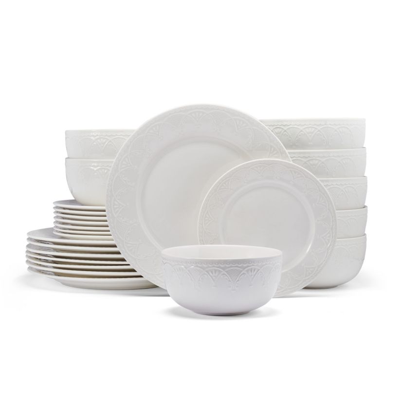 Esmerlda White 24 Piece Plate Bowl Dinnerware Set, Service for 8