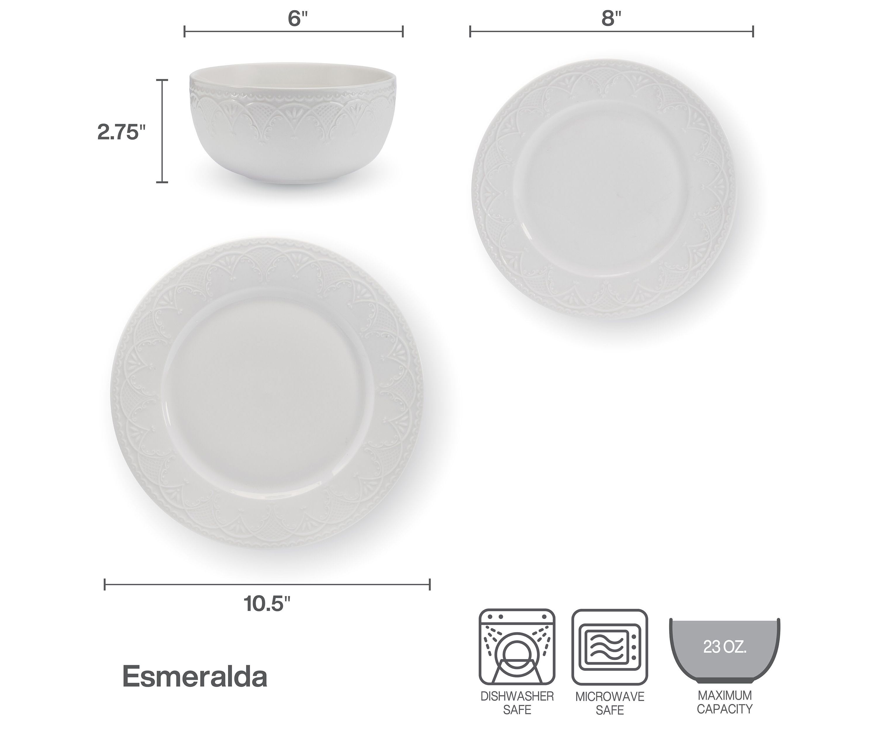 Esmerlda White 24 Piece Plate Bowl Dinnerware Set, Service for 8