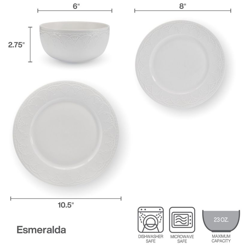 Esmerlda White 24 Piece Plate Bowl Dinnerware Set, Service for 8