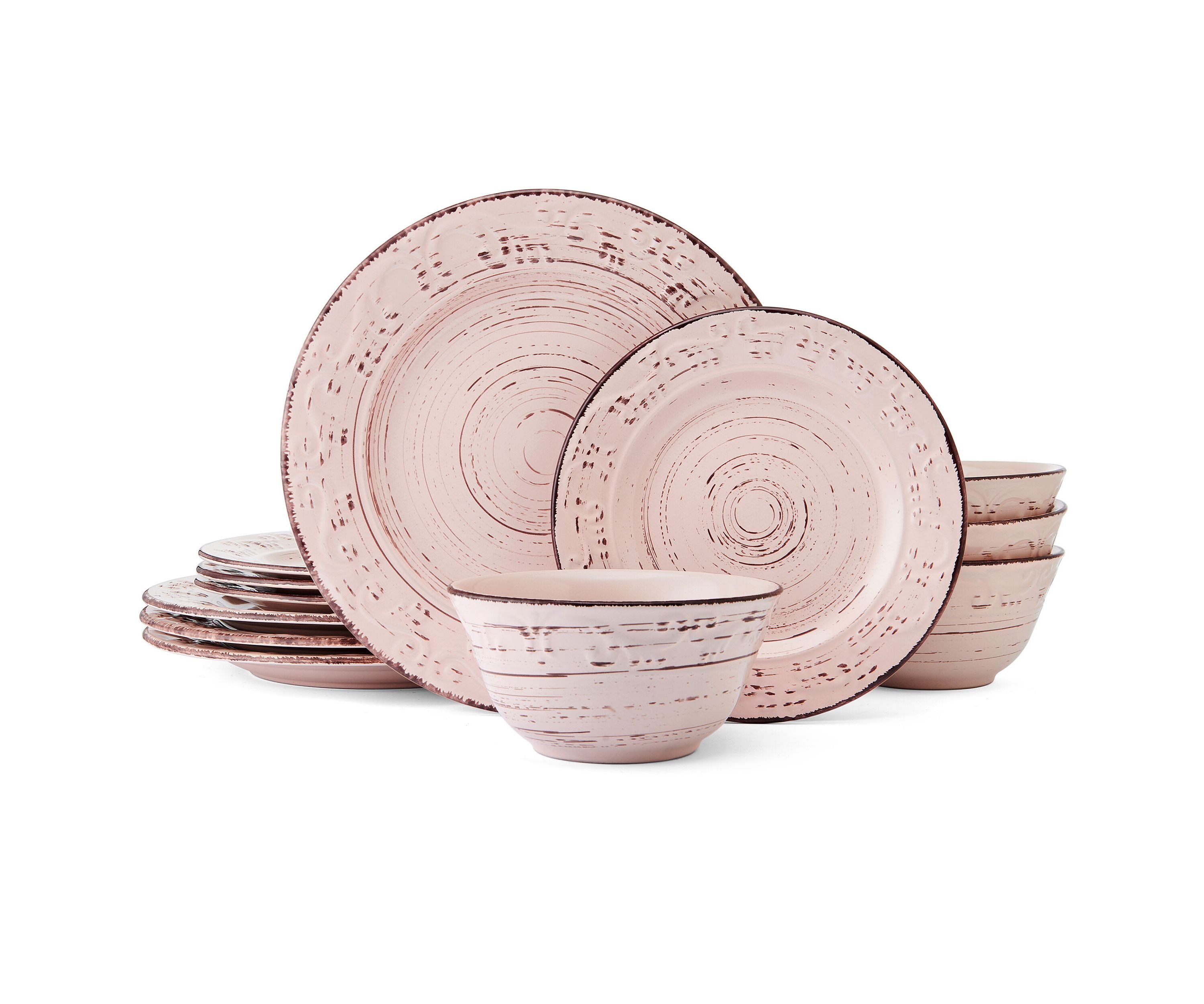 Trellis Pink 12 Piece Dinnerware Plate Bowl Set, Service for 4