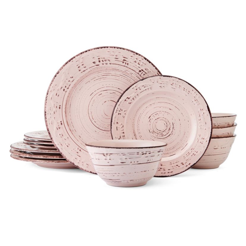 Trellis Pink 12 Piece Dinnerware Plate Bowl Set, Service for 4