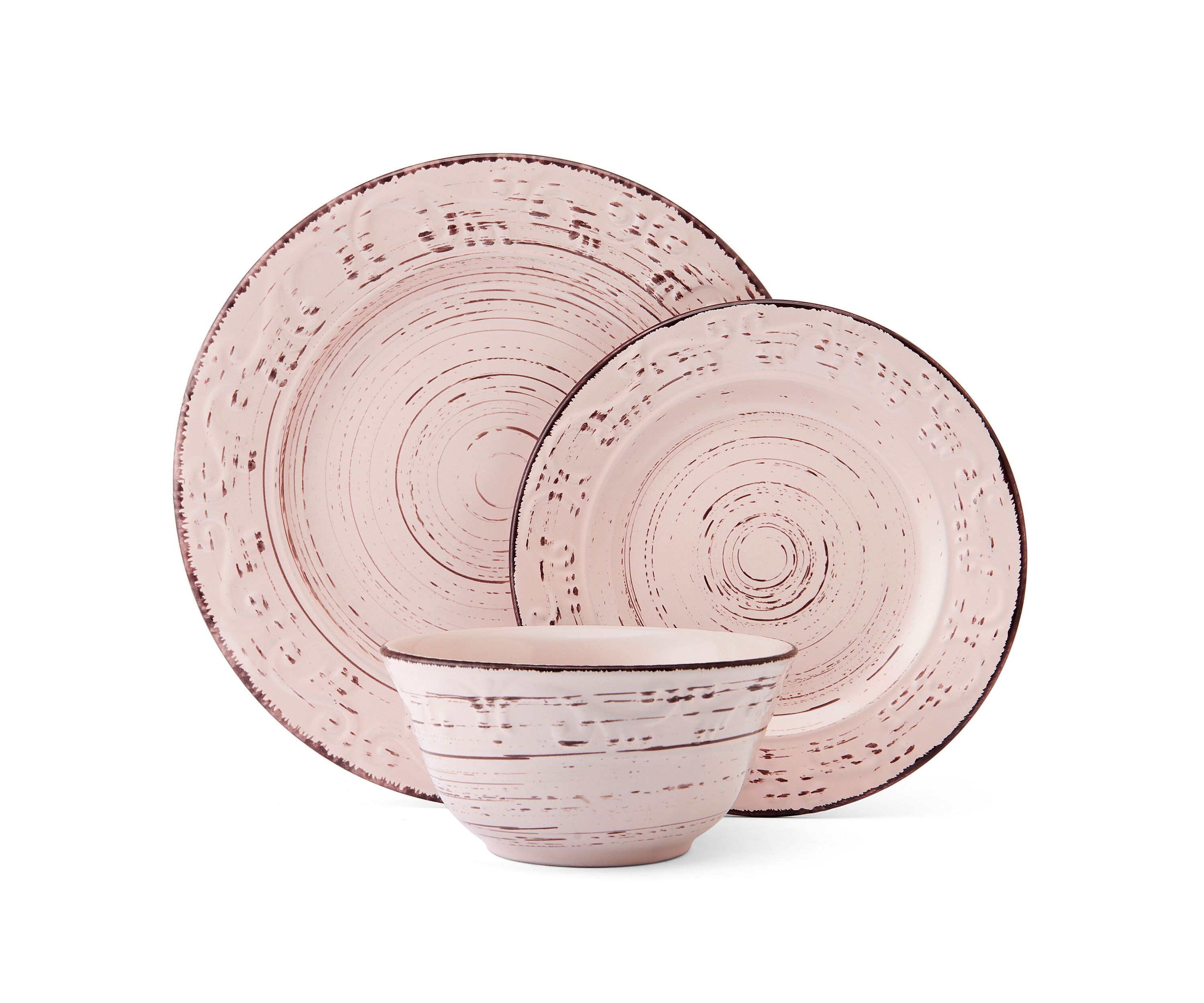 Trellis Pink 12 Piece Dinnerware Plate Bowl Set, Service for 4