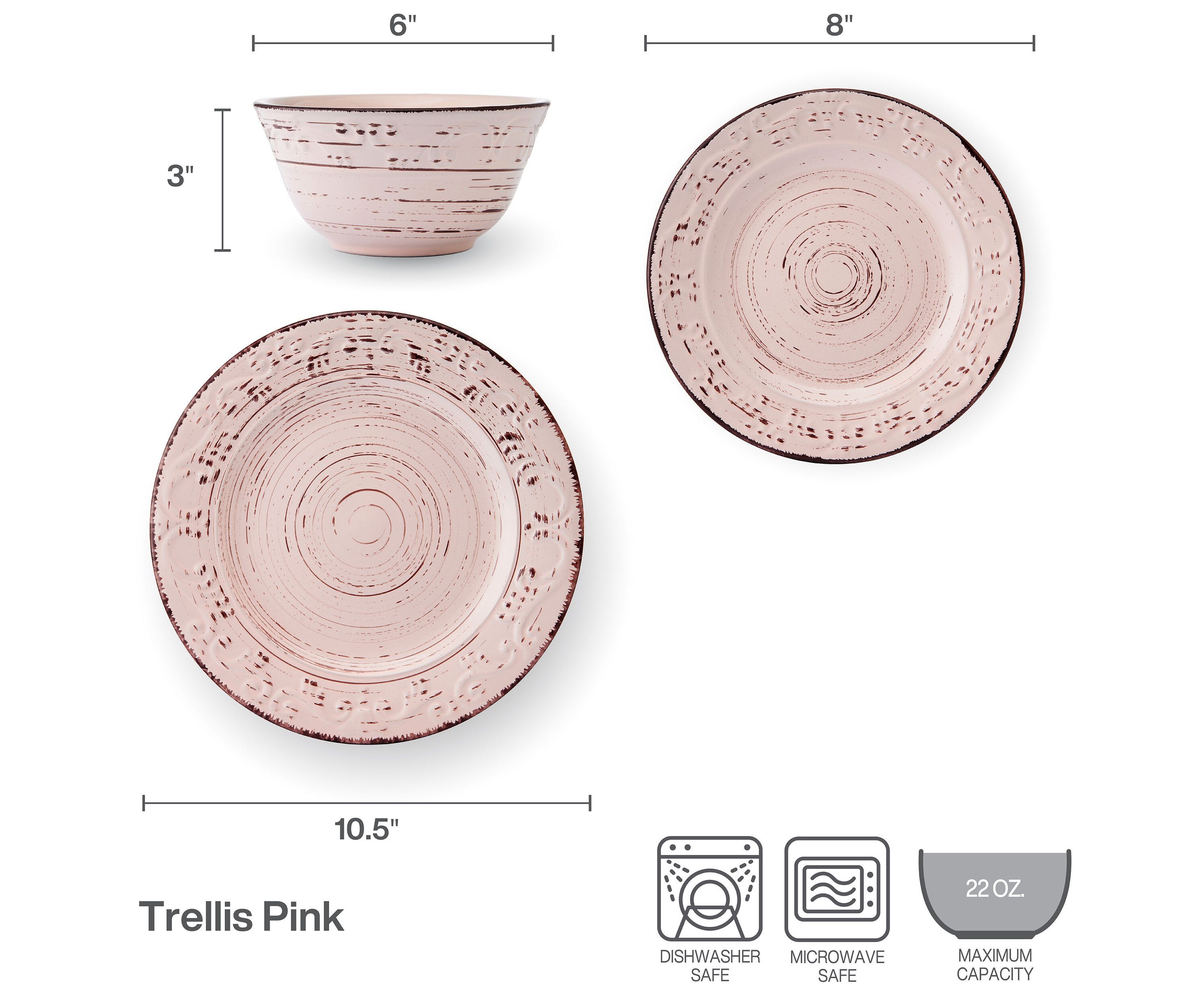 Trellis Pink 12 Piece Dinnerware Plate Bowl Set, Service for 4
