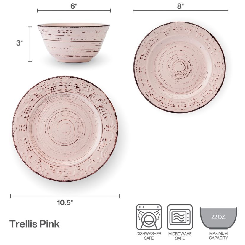 Trellis Pink 12 Piece Dinnerware Plate Bowl Set, Service for 4