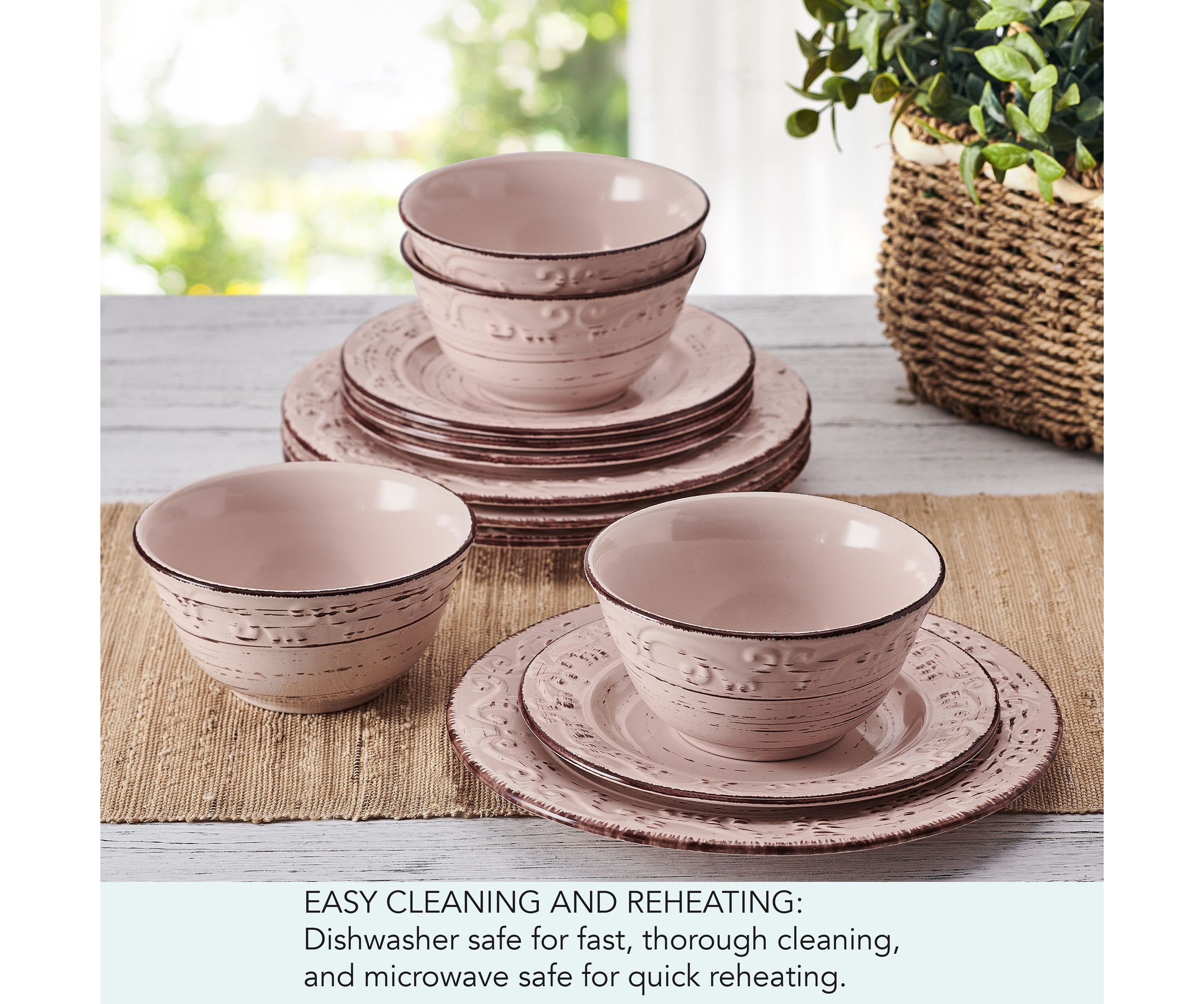 Trellis Pink 12 Piece Dinnerware Plate Bowl Set, Service for 4