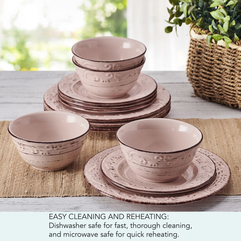Trellis Pink 12 Piece Dinnerware Plate Bowl Set, Service for 4