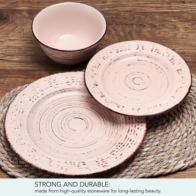 Trellis Pink 12 Piece Dinnerware Plate Bowl Set, Service for 4
