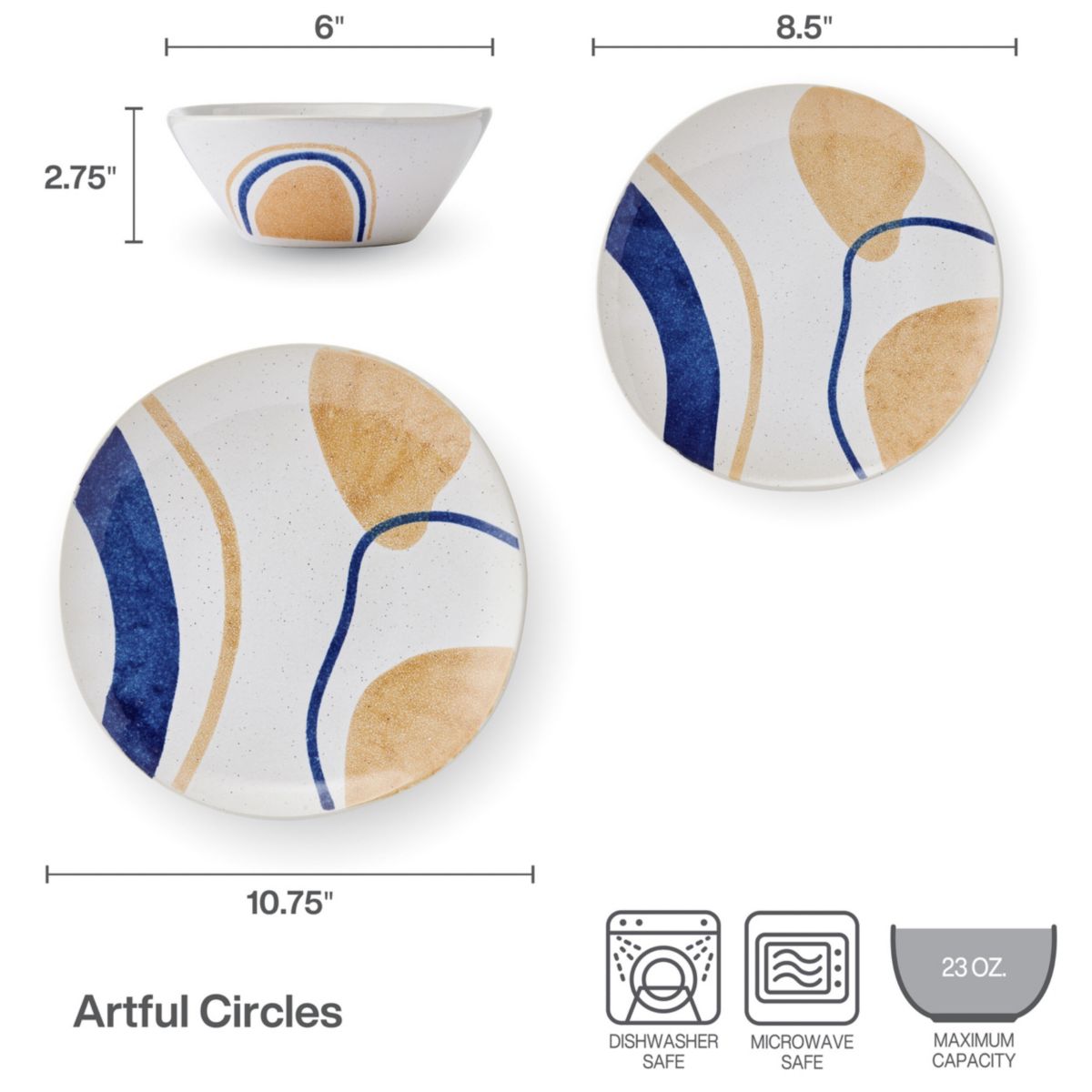 Artful Circles 12 Piece Plate Bowl Dinnerware Set, Service for 4