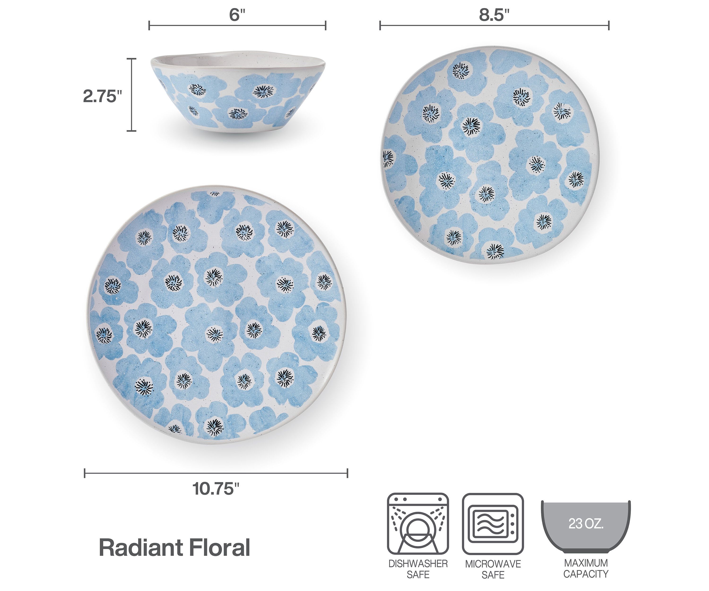 Radiant Floral Bloom 12 Piece Plate Bowl Dinnerware Set, Service for 4