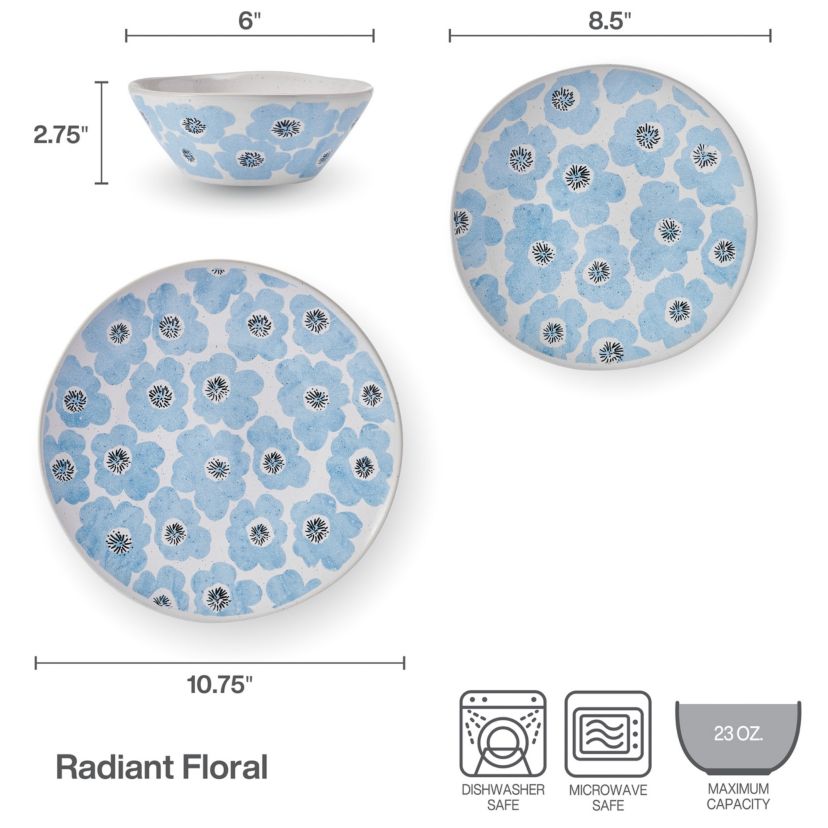 Radiant Floral Bloom 12 Piece Plate Bowl Dinnerware Set, Service for 4