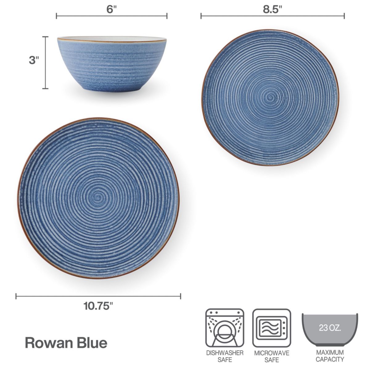 Rowan Blue 12 Piece Plate Bowl Dinnerware Set, Service for 4