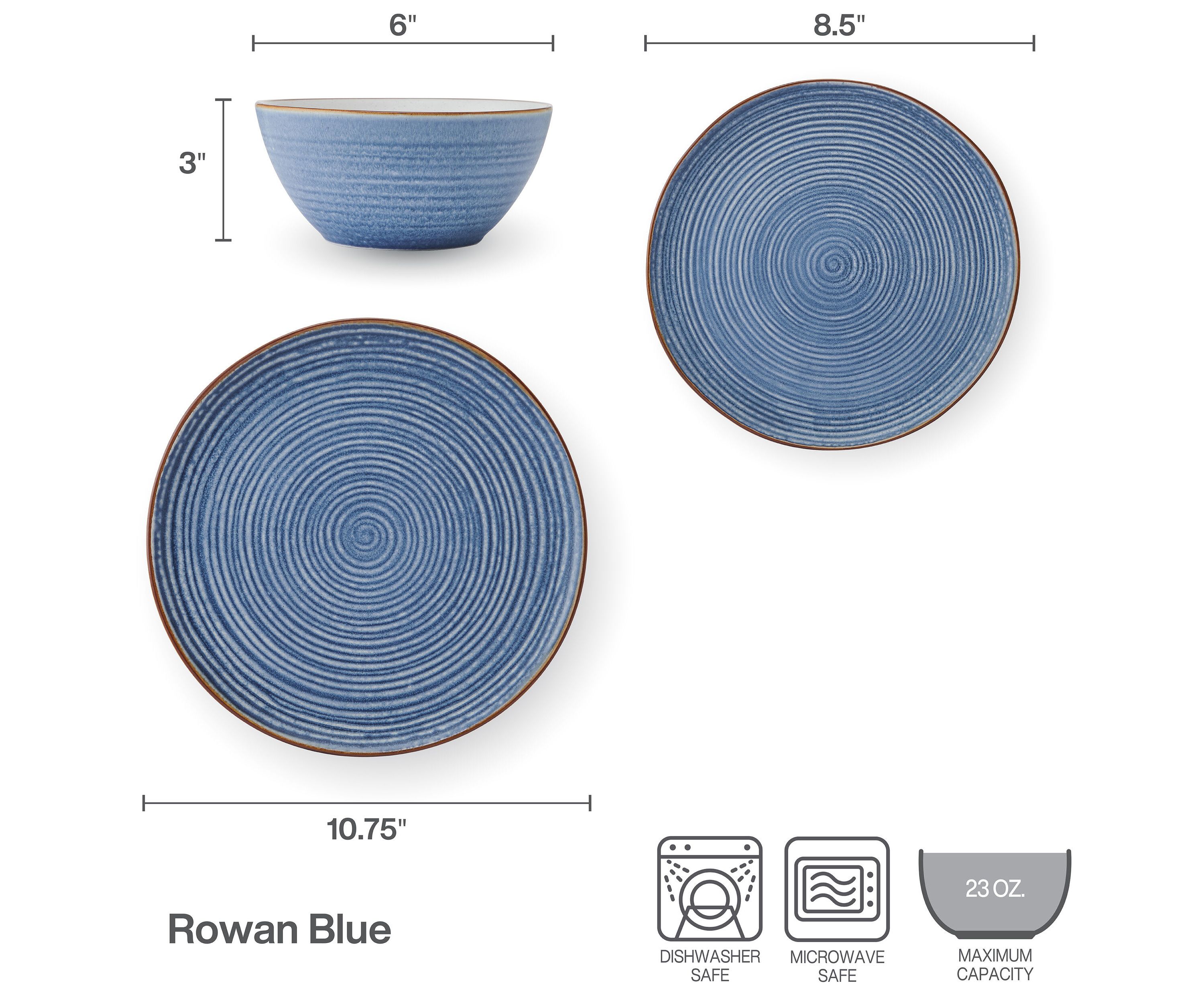 Rowan Blue 12 Piece Plate Bowl Dinnerware Set, Service for 4