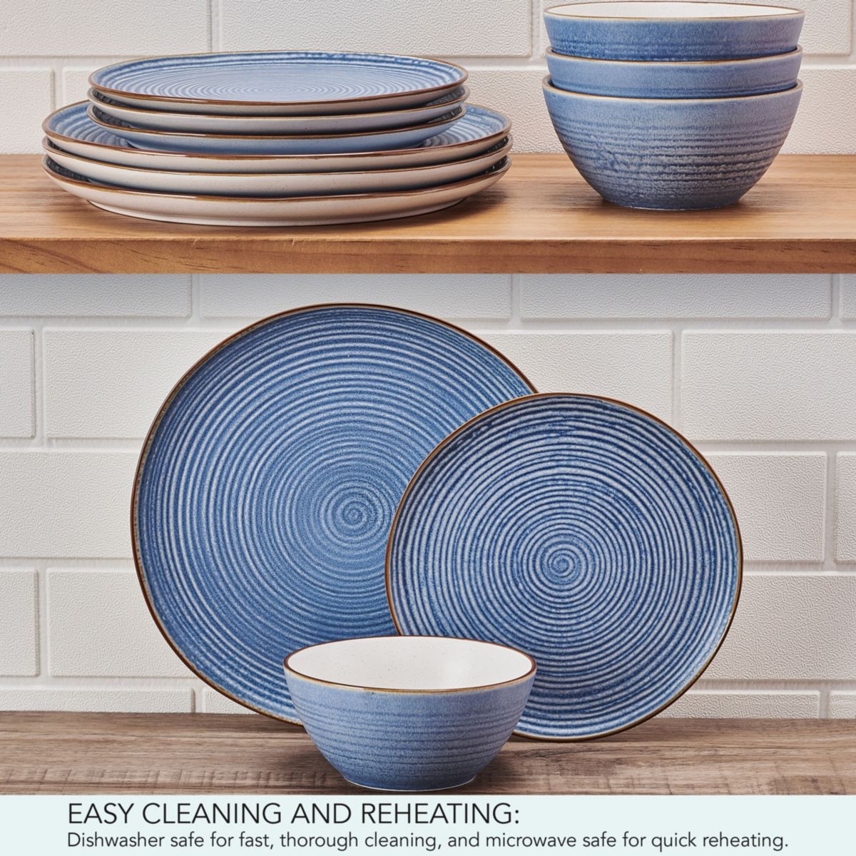 Rowan Blue 12 Piece Plate Bowl Dinnerware Set, Service for 4