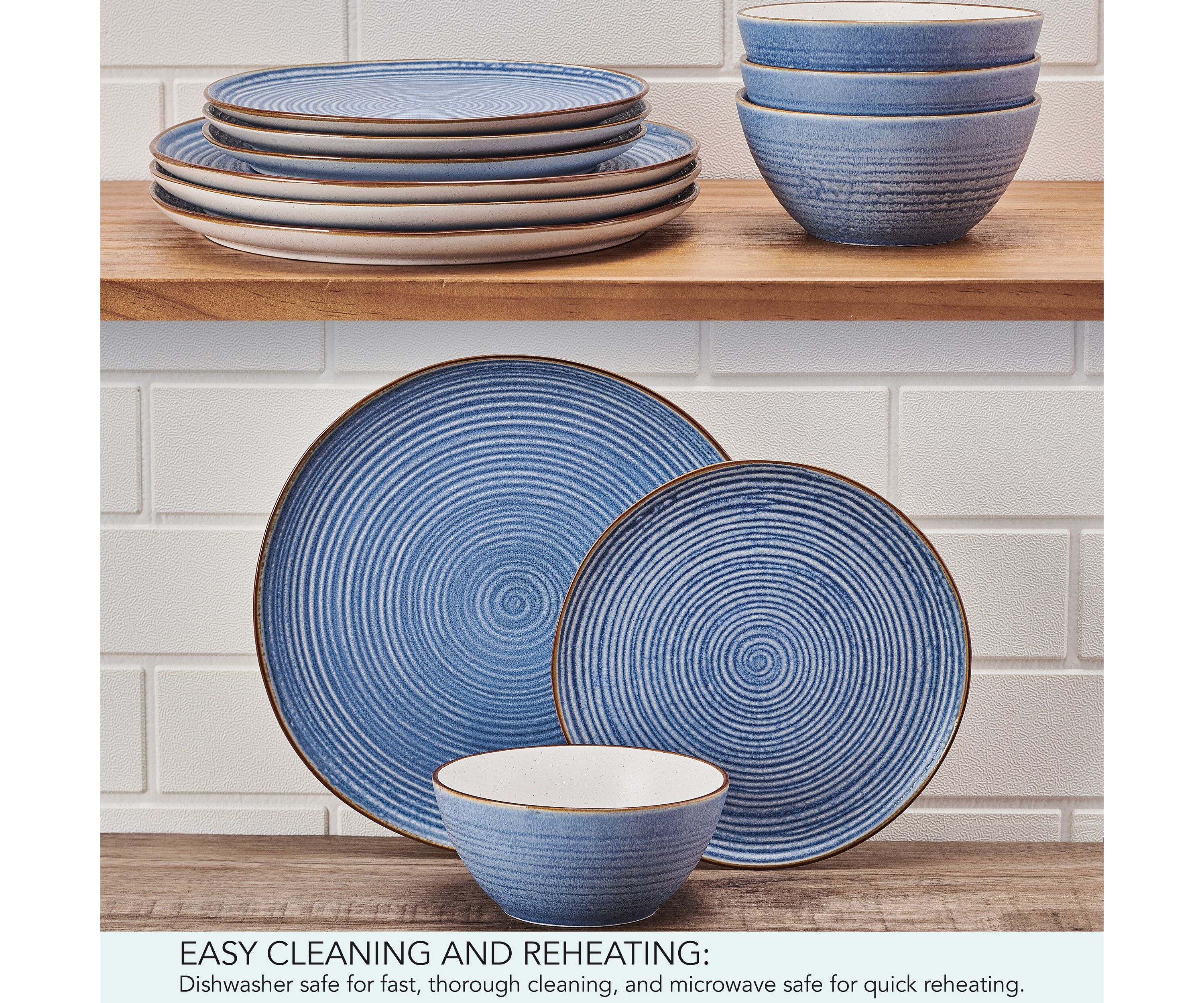 Rowan Blue 12 Piece Plate Bowl Dinnerware Set, Service for 4