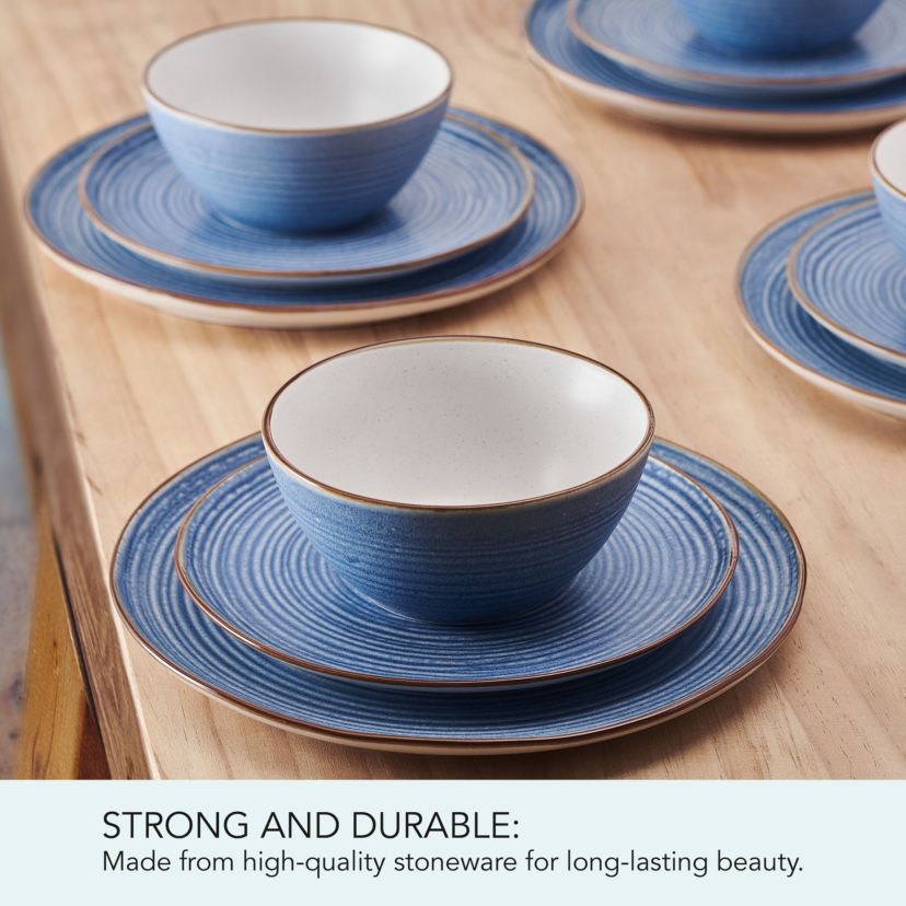 Rowan Blue 12 Piece Plate Bowl Dinnerware Set, Service for 4