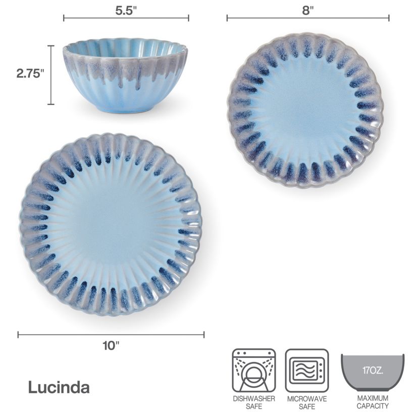 Lucinda Scalloped Rim 12 Piece Plate Bowl Dinnerware Set, Service for 4