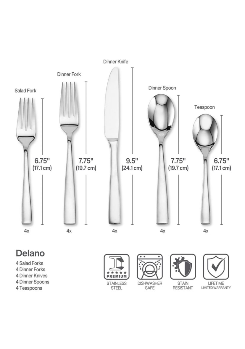 Delano 20 Piece Stainless Steel Flatware Set in Silver