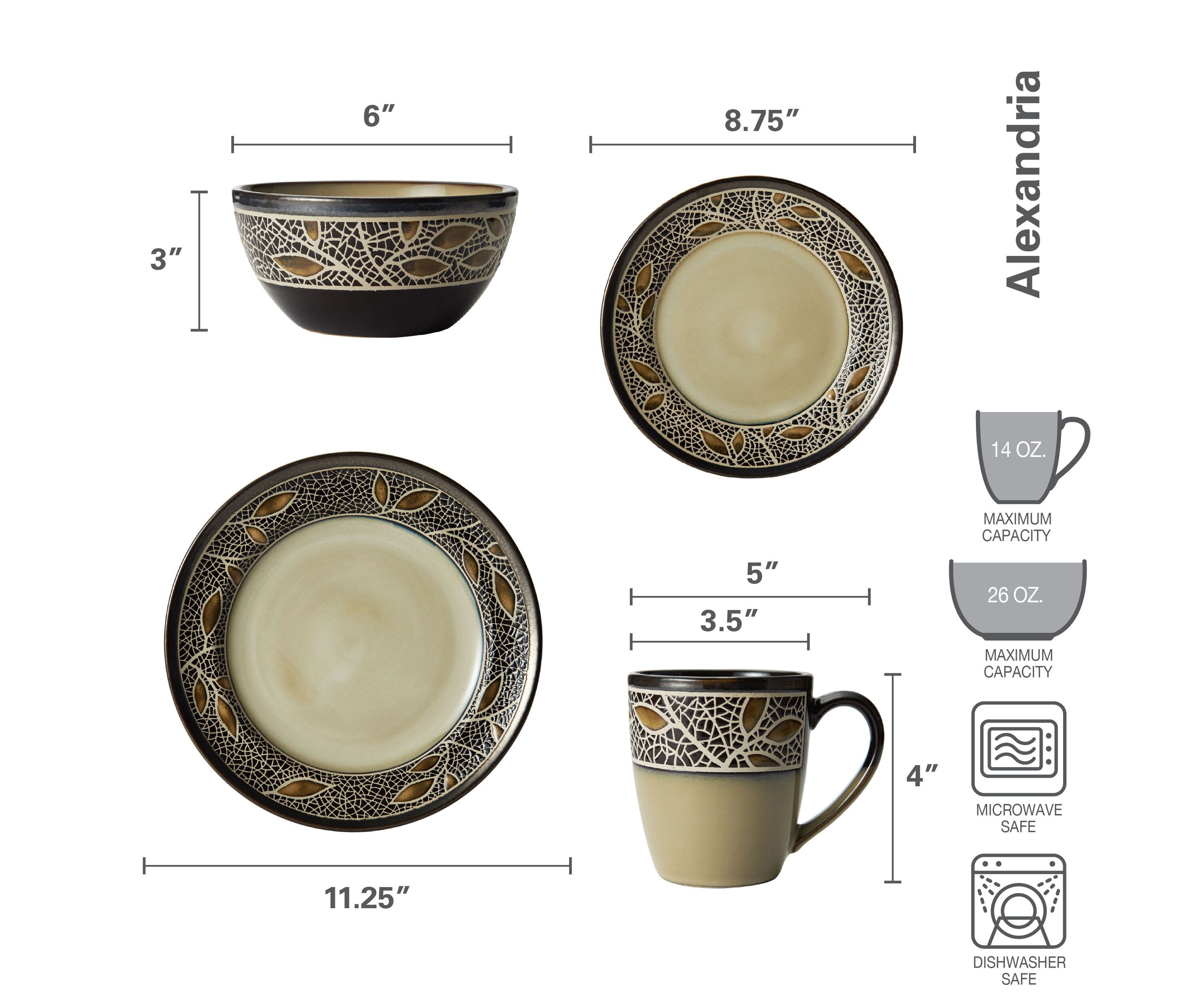 Alexandria 16 Piece Dinnerware Set, Service For 4