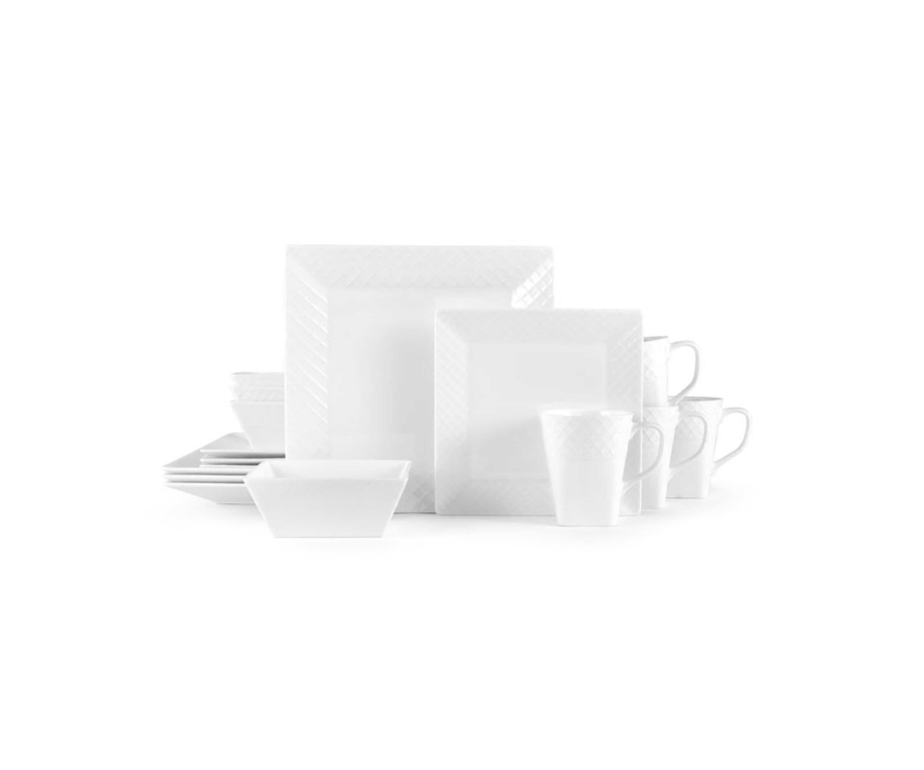 Trellis White Square 16 Piece Dinnerware Set, Service For 4